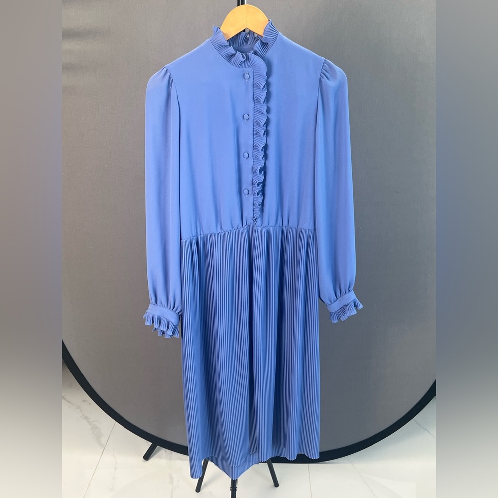 Blue High Collar Dress. Sleeves. Button Down. Maxi Length.